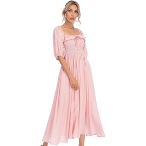 image:imageRVivimos Women Summer Cotton A Line Flowy Long Dresses  Half Sleeve Ruffled Vintage Elegant Smocked Backless Dress Maternity Shoot Baby Shower Casual Vacation OutfitsPink1