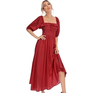 image:imageRVivimos Women Summer Cotton A Line Flowy Long Dresses  Half Sleeve Ruffled Vintage Elegant Smocked Backless Dress Maternity Shoot Baby Shower Casual Vacation OutfitsBurgundy1