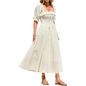 image:imageRVivimos Women Summer Cotton A Line Flowy Long Dresses  Half Sleeve Ruffled Vintage Elegant Smocked Backless Dress Maternity Shoot Baby Shower Casual Vacation OutfitsCream2floral