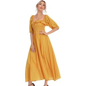 image:imageRVivimos Women Summer Cotton A Line Flowy Long Dresses  Half Sleeve Ruffled Vintage Elegant Smocked Backless Dress Maternity Shoot Baby Shower Casual Vacation OutfitsGolden1