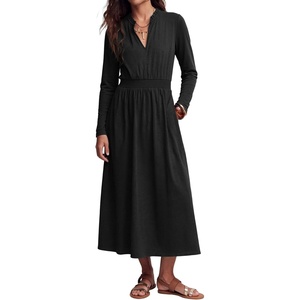 image:imageRVivimos Womens Fall Long Sleeve Elastic Waist Midi Dress with Pockets  Soft Cotton Material 2026 Spring V Neck ALine Long Dress Casual Daily Office Work Vacation OutfitsBlack