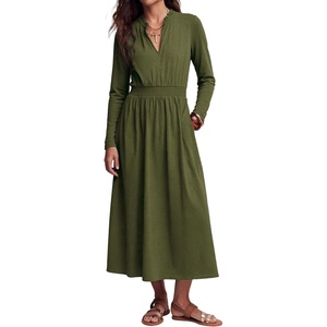 image:imageRVivimos Womens Fall Long Sleeve Elastic Waist Midi Dress with Pockets  Soft Cotton Material 2026 Spring V Neck ALine Long Dress Casual Daily Office Work Vacation OutfitsArmy Green