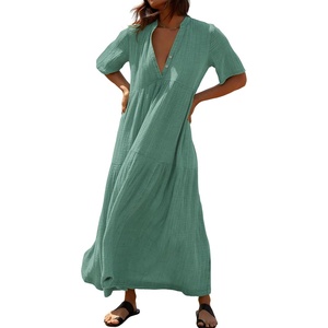 image:imageRVivimos Womens Summer Cotton Casual Flowy Maxi Dress  Short Sleeve V Neck Empire Waist Boho Tiered Ruffle Beach Vacation Loose Long DressesGreen