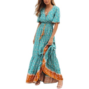 image:imageRVivimos Womens Summer V Neck Floral Print Boho Midi Dress  Short Sleeve Lightweight Breathable Material Button Up Tiered Ruffle Flowy Beach Dress Casual Daily Vacation Resort WearGreen