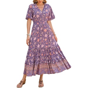 image:imageRVivimos Womens Summer V Neck Floral Print Boho Midi Dress  Short Sleeve Lightweight Breathable Material Button Up Tiered Ruffle Flowy Beach Dress Casual Daily Vacation Resort WearDarkpurple