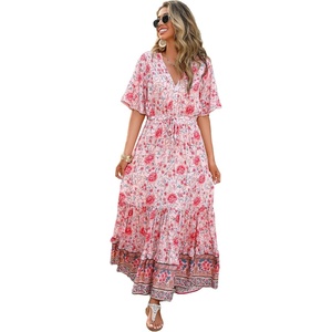 image:imageRVivimos Womens Summer V Neck Floral Print Boho Midi Dress  Short Sleeve Lightweight Breathable Material Button Up Tiered Ruffle Flowy Beach Dress Casual Daily Vacation Resort WearPinkfloral