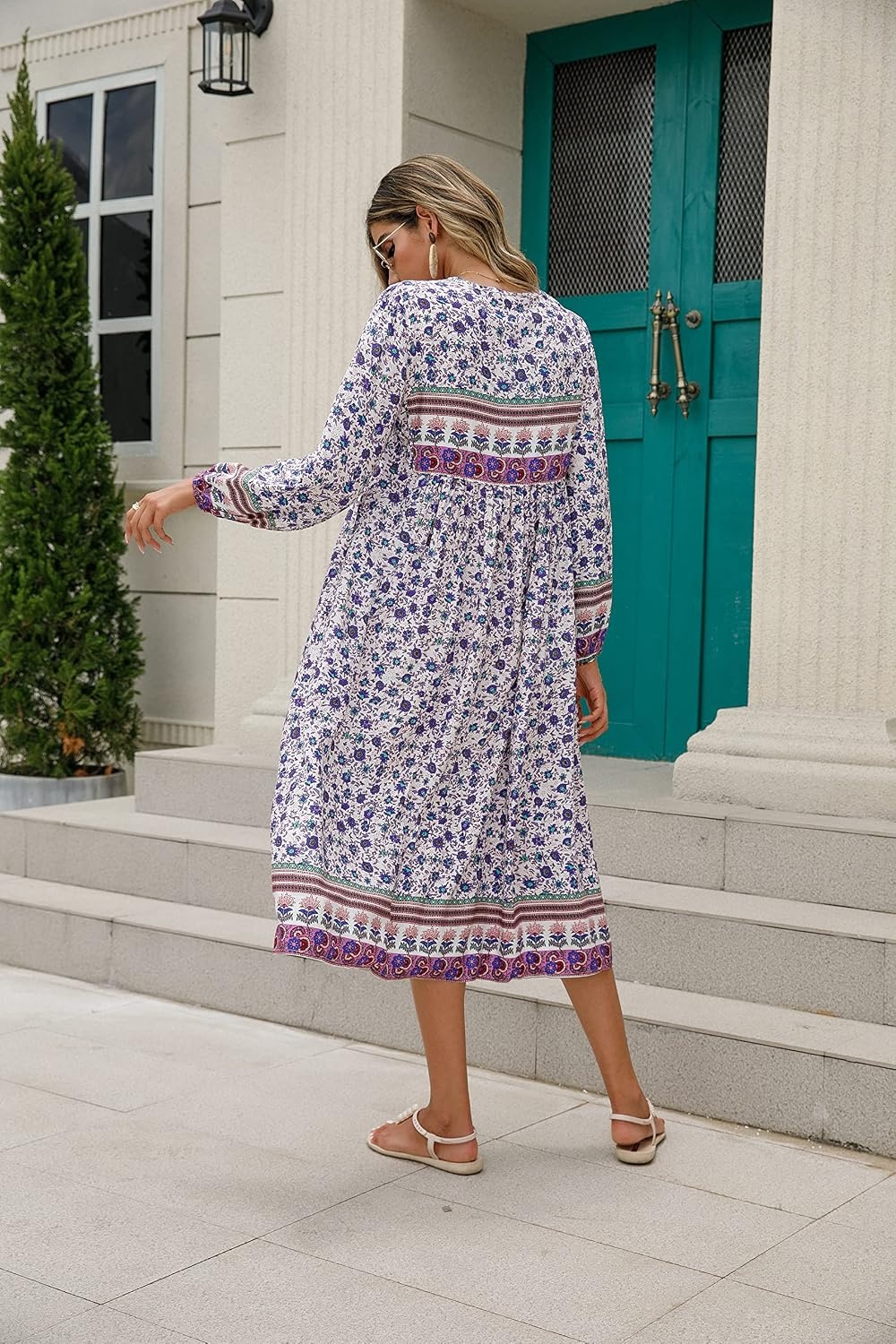 image:imageRVivimos Womens Long Sleeve Casual Boho Floral Midi Dresses  Retro V Neck Tassel Tie Beach Vacation Outfits Resort WearMulticolorblue