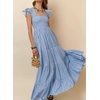 image:imageRVivimos 2026 Summer Cotton Plaid Maxi Dresses for Women Flutter Sleeve Square Neck Smocked Ruffle Flowy Tiered Casual DressBlue