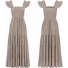 image:imageRVivimos 2026 Summer Cotton Plaid Maxi Dresses for Women Flutter Sleeve Square Neck Smocked Ruffle Flowy Tiered Casual DressBrown