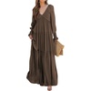 image:imageRVivimos Long Sleeve V Neck Flowy Maxi Dresses for Women  Lightweight Fabric Empire Waist Layered Ruffle Hem Boho Casual Long Dress Daily Wear Beach Vacation ClothesDarkbrown