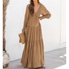 image:imageRVivimos Long Sleeve V Neck Flowy Maxi Dresses for Women  Lightweight Fabric Empire Waist Layered Ruffle Hem Boho Casual Long Dress Daily Wear Beach Vacation ClothesKhaki