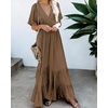 image:imageRVivimos Summer Flowy Maxi Dresses for Women 2026 V Neck Short Sleeve Tie Back Boho Casual Tiered Ruffle Long DressBrown