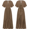 image:imageRVivimos Summer Flowy Maxi Dresses for Women 2026 V Neck Short Sleeve Tie Back Boho Casual Tiered Ruffle Long DressBrown