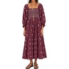 image:imageRVivimos Womens Cotton Floral Embroidered Boho Midi Dress with Pockets  Long Sleeve Vintage Square Neck Tiered Ruffle Flowy Hem ALine Casual Dress Baby Shower Vacation OutfitsWine Red