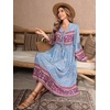 image:imageRVivimos Womens Long Sleeve Floral V Neck Bohemian Midi Dress  Retro Tassel Tie Casual Loose Beach Vacation Outfits Resort WearCyanblue2