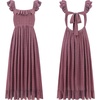 image:imageRVivimos Womens Summer Sleeveless Square Neck Midi Dress  Boho Ruffle Tie Back Backless with Pockets Plaid Flowy Casual OutfitsDarkrose