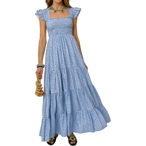 image:imageRVivimos 2026 Summer Cotton Plaid Maxi Dresses for Women Flutter Sleeve Square Neck Smocked Ruffle Flowy Tiered Casual DressBlue