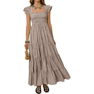 image:imageRVivimos 2026 Summer Cotton Plaid Maxi Dresses for Women Flutter Sleeve Square Neck Smocked Ruffle Flowy Tiered Casual DressBrown