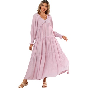 image:imageRVivimos Long Sleeve V Neck Flowy Maxi Dresses for Women  Lightweight Fabric Empire Waist Layered Ruffle Hem Boho Casual Long Dress Daily Wear Beach Vacation ClothesLightpink