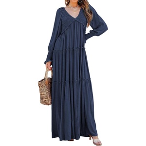 image:imageRVivimos Long Sleeve V Neck Flowy Maxi Dresses for Women  Lightweight Fabric Empire Waist Layered Ruffle Hem Boho Casual Long Dress Daily Wear Beach Vacation ClothesDarkblue