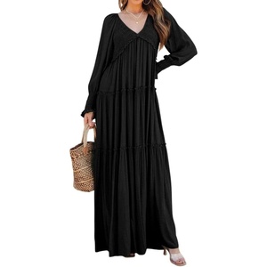 image:imageRVivimos Long Sleeve V Neck Flowy Maxi Dresses for Women  Lightweight Fabric Empire Waist Layered Ruffle Hem Boho Casual Long Dress Daily Wear Beach Vacation ClothesBlack