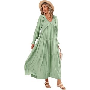 image:imageRVivimos Long Sleeve V Neck Flowy Maxi Dresses for Women  Lightweight Fabric Empire Waist Layered Ruffle Hem Boho Casual Long Dress Daily Wear Beach Vacation ClothesSage Green