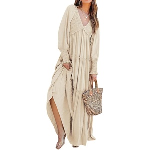 image:imageRVivimos Long Sleeve V Neck Flowy Maxi Dresses for Women  Lightweight Fabric Empire Waist Layered Ruffle Hem Boho Casual Long Dress Daily Wear Beach Vacation ClothesBeige