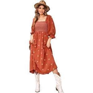 image:imageRVivimos Womens Cotton Floral Embroidered Boho Midi Dress with Pockets  Long Sleeve Vintage Square Neck Tiered Ruffle Flowy Hem ALine Casual Dress Baby Shower Vacation OutfitsRustbrown