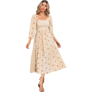 image:imageRVivimos Womens Cotton Floral Embroidered Boho Midi Dress with Pockets  Long Sleeve Vintage Square Neck Tiered Ruffle Flowy Hem ALine Casual Dress Baby Shower Vacation OutfitsBeige
