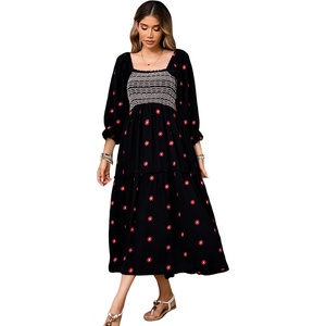 image:imageRVivimos Womens Cotton Floral Embroidered Boho Midi Dress with Pockets  Long Sleeve Vintage Square Neck Tiered Ruffle Flowy Hem ALine Casual Dress Baby Shower Vacation OutfitsBlack
