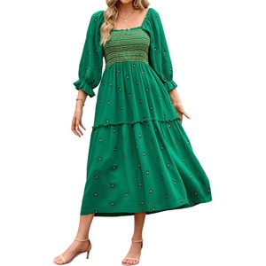 image:imageRVivimos Womens Cotton Floral Embroidered Boho Midi Dress with Pockets  Long Sleeve Vintage Square Neck Tiered Ruffle Flowy Hem ALine Casual Dress Baby Shower Vacation OutfitsGreen