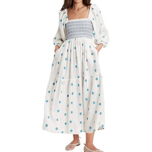 image:imageRVivimos Womens Cotton Floral Embroidered Boho Midi Dress with Pockets  Long Sleeve Vintage Square Neck Tiered Ruffle Flowy Hem ALine Casual Dress Baby Shower Vacation OutfitsWhite