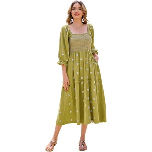 image:imageRVivimos Womens Cotton Floral Embroidered Boho Midi Dress with Pockets  Long Sleeve Vintage Square Neck Tiered Ruffle Flowy Hem ALine Casual Dress Baby Shower Vacation OutfitsOlivegreen