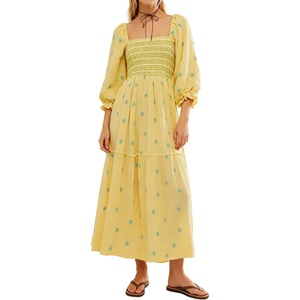 image:imageRVivimos Womens Cotton Floral Embroidered Boho Midi Dress with Pockets  Long Sleeve Vintage Square Neck Tiered Ruffle Flowy Hem ALine Casual Dress Baby Shower Vacation OutfitsLight Yellow