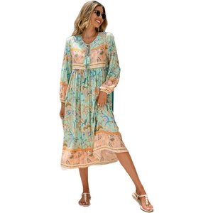 image:imageRVivimos Womens Long Sleeve Casual Boho Floral Midi Dresses  Retro V Neck Tassel Tie Beach Vacation Outfits Resort WearAqua
