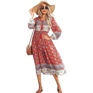 image:imageRVivimos Womens Long Sleeve Casual Boho Floral Midi Dresses  Retro V Neck Tassel Tie Beach Vacation Outfits Resort WearAurorared