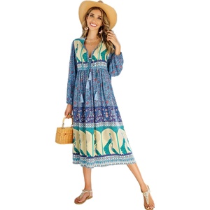 image:imageRVivimos Womens Long Sleeve Casual Boho Floral Midi Dresses  Retro V Neck Tassel Tie Beach Vacation Outfits Resort WearBlue