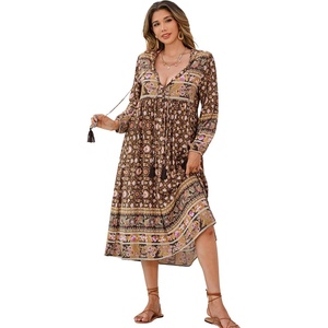 image:imageRVivimos Womens Long Sleeve Casual Boho Floral Midi Dresses  Retro V Neck Tassel Tie Beach Vacation Outfits Resort WearBrown