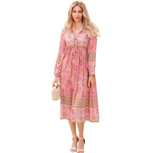 image:imageRVivimos Womens Long Sleeve Casual Boho Floral Midi Dresses  Retro V Neck Tassel Tie Beach Vacation Outfits Resort WearCoralpink