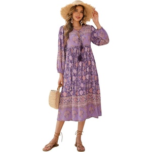 image:imageRVivimos Womens Long Sleeve Casual Boho Floral Midi Dresses  Retro V Neck Tassel Tie Beach Vacation Outfits Resort WearDark Purple
