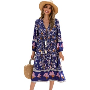 image:imageRVivimos Womens Long Sleeve Casual Boho Floral Midi Dresses  Retro V Neck Tassel Tie Beach Vacation Outfits Resort WearDarkblue