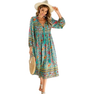 image:imageRVivimos Womens Long Sleeve Casual Boho Floral Midi Dresses  Retro V Neck Tassel Tie Beach Vacation Outfits Resort WearGreen
