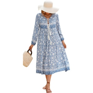 image:imageRVivimos Womens Long Sleeve Casual Boho Floral Midi Dresses  Retro V Neck Tassel Tie Beach Vacation Outfits Resort WearLight Blue