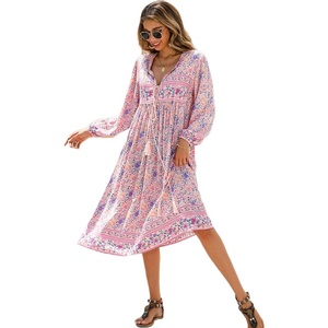image:imageRVivimos Womens Long Sleeve Casual Boho Floral Midi Dresses  Retro V Neck Tassel Tie Beach Vacation Outfits Resort WearLight Pink