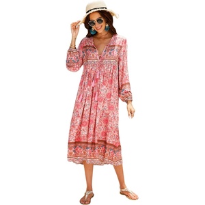 image:imageRVivimos Womens Long Sleeve Casual Boho Floral Midi Dresses  Retro V Neck Tassel Tie Beach Vacation Outfits Resort WearLightpink2