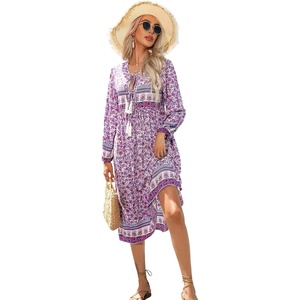 image:imageRVivimos Womens Long Sleeve Casual Boho Floral Midi Dresses  Retro V Neck Tassel Tie Beach Vacation Outfits Resort WearPinkpurple