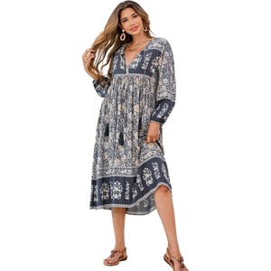 image:imageRVivimos Womens Long Sleeve Casual Boho Floral Midi Dresses  Retro V Neck Tassel Tie Beach Vacation Outfits Resort WearSmokeblack