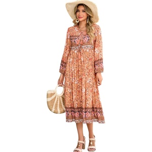 image:imageRVivimos Womens Long Sleeve Casual Boho Floral Midi Dresses  Retro V Neck Tassel Tie Beach Vacation Outfits Resort WearTangerine