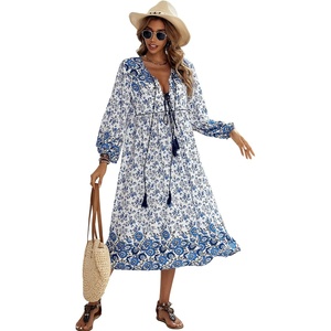 image:imageRVivimos Womens Long Sleeve Casual Boho Floral Midi Dresses  Retro V Neck Tassel Tie Beach Vacation Outfits Resort WearWhiteblue