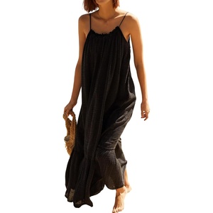 image:imageRVivimos Womens Summer Cotton Backless Casual Maxi Dress  Adjustable Spaghetti Strap Ruffle Loose Fit Boho Flowy Cami Dress Daily Wear Beach Cover Up Vacation Travel OutfitsBlack